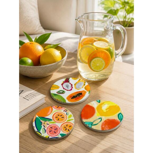 Anthropologie Other - Tropical Fruit Coasters | Colorful Round Wood Coaster Set of 3